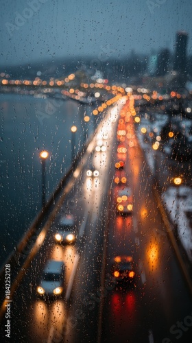 Rain-soaked cityscape at dusk with blurred traffic and dim lights