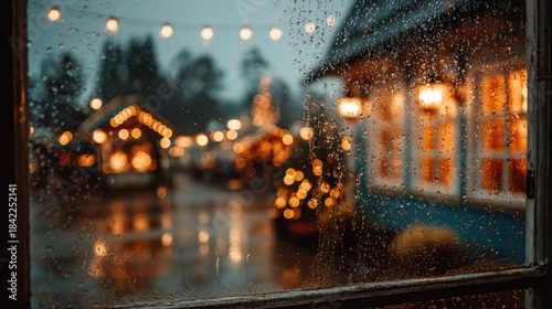 Festive village market viewed through rainy window at dusk