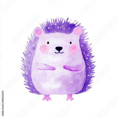 Cute watercolor purple hedgehog illustration with pink accents