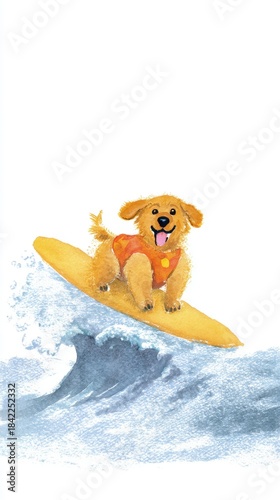 Golden puppy surfing wave in red vest: adorable water adventure
