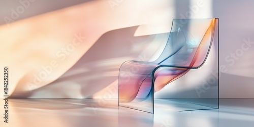 Transparent modern chair with multicolor reflections on white surface