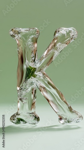 Crystal clear 3d letter k on soft green background