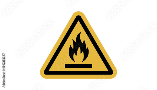 Yellow triangle warning sign with black flame symbol and horizontal line caution danger