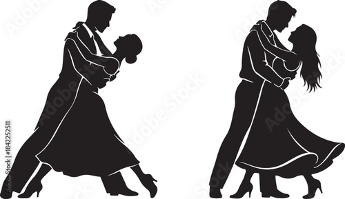 Black silhouette Romantic of a couple dancing gracefully vector on white background. Dynamic Silhouette Ballroom Dance Couple Posing Gracefully, 