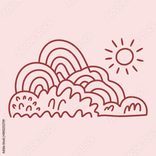 Brown line of a sleeping cat on a cloud with a smiling sun line sleeping cat cartoon