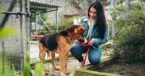 Obraz na plátne Love, woman and smile with animal at shelter for adoption service, homeless dogs and rescue centre