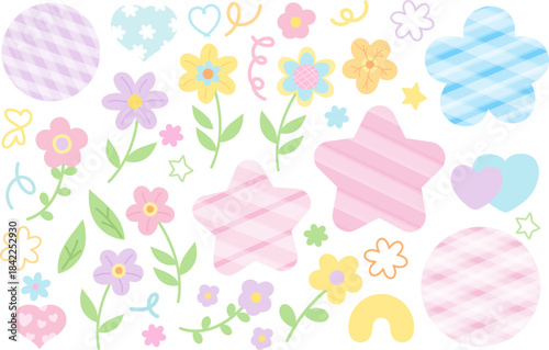Cute pastel vectors such as flowers, stars, circle, shapes for nature, garden, plants, tree, blossom, blooming, sign, symbol, blank space, text, messages, stickers, cartoon, floral, decoration