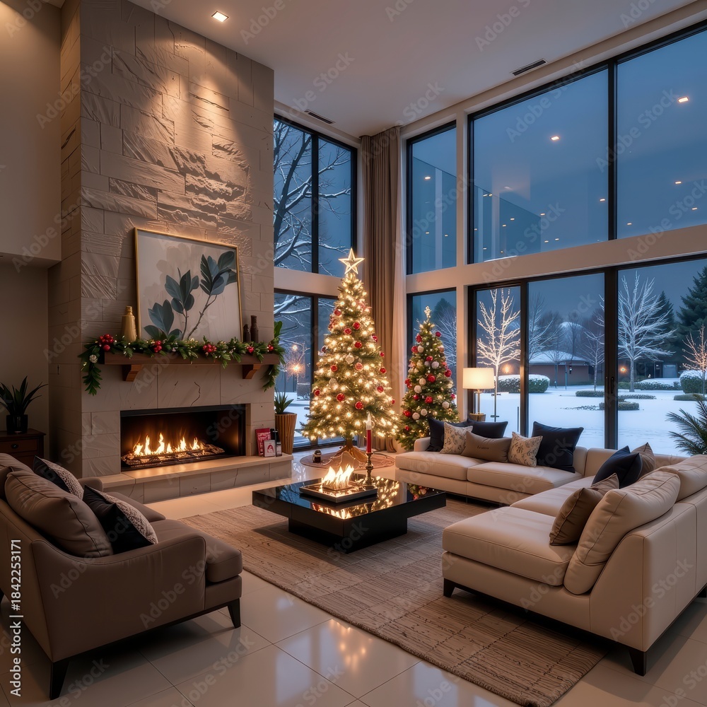 Fototapeta premium Cozy Holiday Living Room with Festive Decorations and Snowy Views