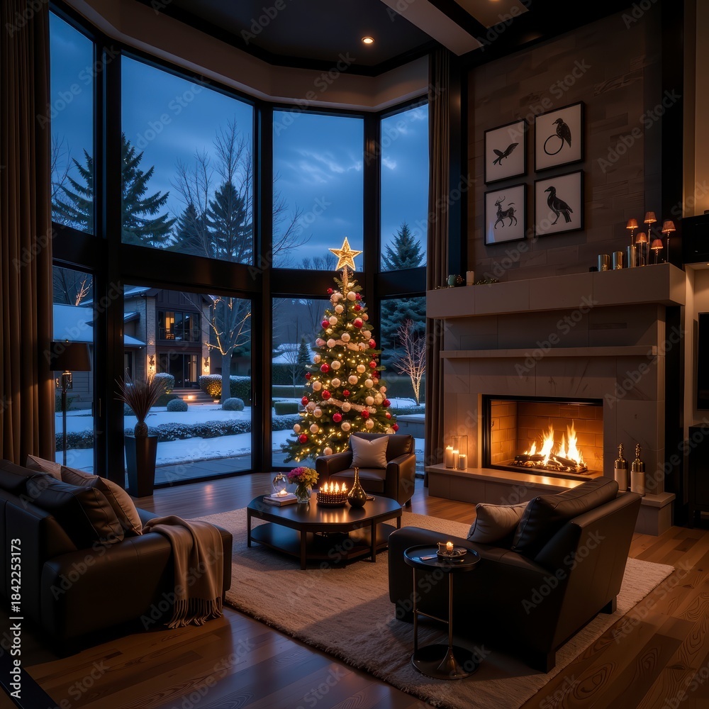 Obraz premium Cozy Modern Living Room Celebrating Christmas