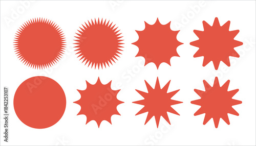 Collection of eight red starburst shapes and one solid red circle on a white background graphic