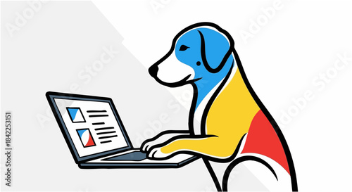 Stylized colorful dog mascot working diligently on a laptop computer with a clean modern background