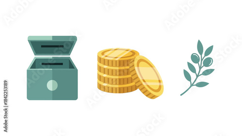 Charity Donation Box, Stack of Coins, and Olive Branch for Peace or Good Will