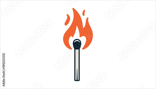 A single lit matchstick with orange flames against a plain white background fire burning