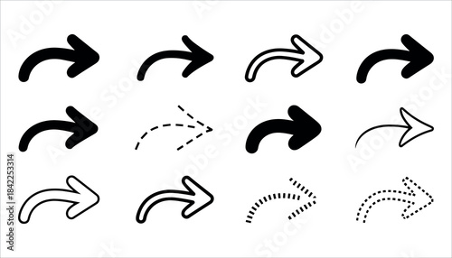 Twelve black and white arrow icons with curved tails pointing right direction symbol