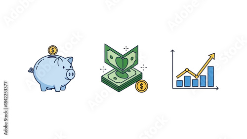 Financial Icons Piggy Bank, Money Stack, and Growth Chart
