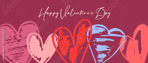 Valentine's Day banner or card template with colorful hand-drawn hearts on a dark red background. Romantic design for a party or invitation.