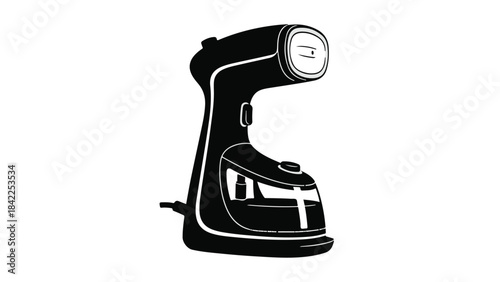 Black and white handheld electric iron with cord on plain background, modern home appliance for laundry and household use