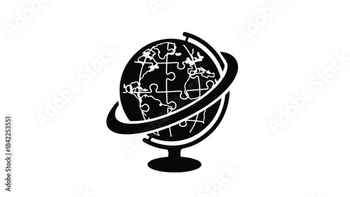 Black and white globe puzzle piece earth map on stand with rings, symbolizing global unity and geography education
