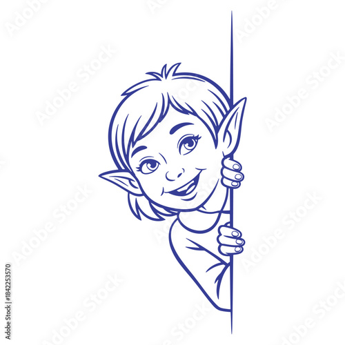 Cute Christmas Elf Peeking Line Art