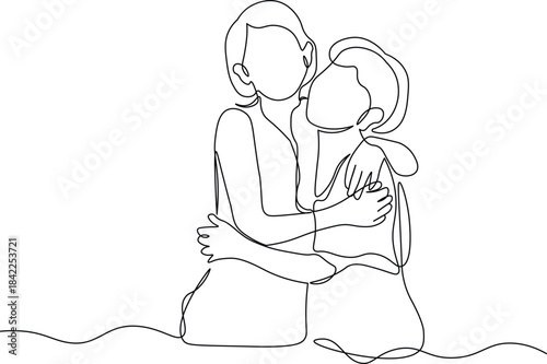 Half Body Continuous Line Illustration of Two Women Embracing. Minimalist Line Art of a Loving Mother and Daughter