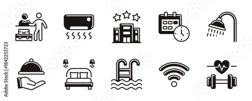 Room hospitality service icon set for hotel, resort, apartment, accommodation, property estate facility sign vector. Check-in, air conditioning, schedule, shower, eatery, pool and more illustration