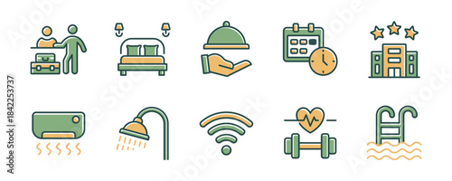 Hotel and resort facility room services icons line. Set of business apartment, motel, property rent, hostel hospitality service signs vector illustration