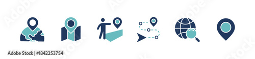 Travel route guide global map navigation icon set pinpoint marker map location gps target direction to destination position road trip navigator signs vector illustration