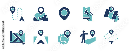 Map location global navigator icon set. Gps pinpoint navigation destination route guide, marker, direction, target arrow, trip, compass, geo location navigate pointer signs vector illustration