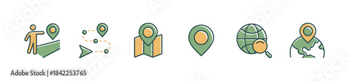 Set of pinpoint global marker position route navigation icons. Map location road path compass navigator to destination address travel arrow guide element signs vector illustration