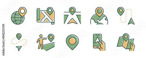 Collection of global navigation map pinpoint location icon set. Compass journey, navigate route direction, travel marker position, destination arrow navigator signs vector illustration