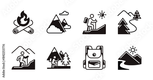 Survival adventure mountain outdoor hiking icon unique style set. Landscape nature exploration trekking wilderness and forest journey signs line vector illustration