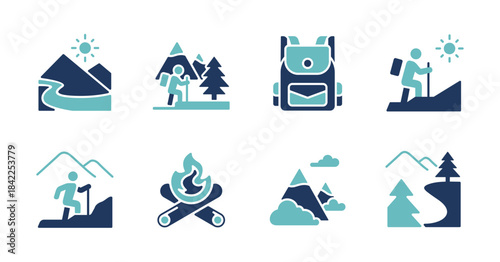 Nature outdoor wilderness mountain hiking icon set landscape adventure forest and mountain exploration, campfire, backpack, people, hikers, trail, summit journey signs vector illustration