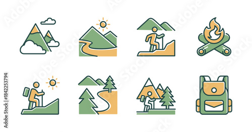 Mountain hiking outdoor adventure icon set. Landscape and forest wilderness trekking journey nature camping, campfire, summit, backpack, people, hikers, trail symbol vector illustration