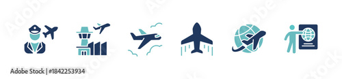 airplane travel flight icon set. Simple pilot, plane, passport, airport, immigration, global transportation two colors style vector signs illustration