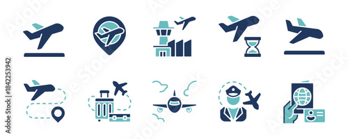 Global transportation airplane aviation icon set. Airport plane flight transport, passport, immigration, travel, pilot, departure, arrival, flight delay, air journey
