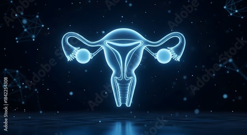Glowing blue holographic female reproductive system anatomy with uterus, fallopian tubes, and ovaries on dark digital background, representing gynecology, women's health, medical technology