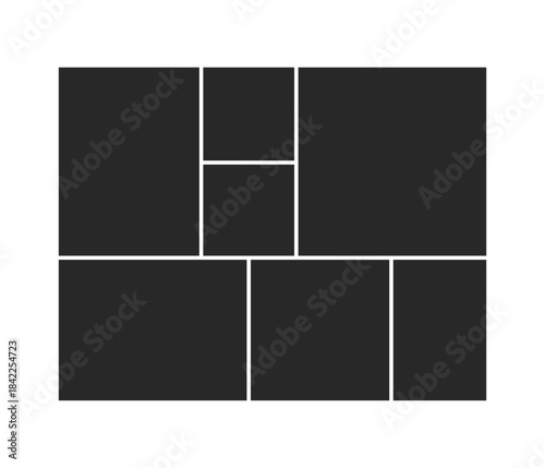 A seven-frame photo collage template featuring a large square area a vertical stack and three aligned bottom squares.