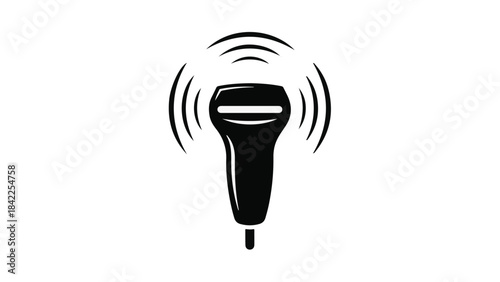 Black microphone icon with sound waves emitting, symbolizing audio recording, voice broadcasting, or music performance in a simple modern graphic design