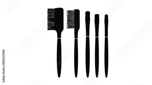 Black hair styling tools set including brushes and combs on white background, professional hairdressing equipment for salon or personal use
