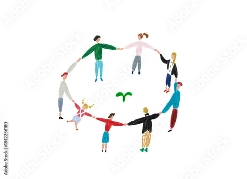 手描きイラスト　双葉の周りを囲み、手をつなぐ人々