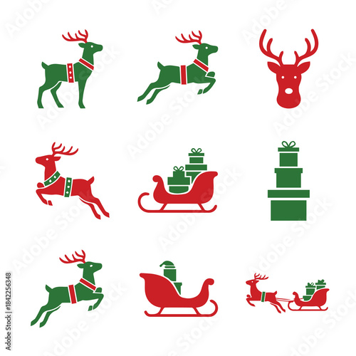 Christmas reindeer silhouettes and Santa's sleigh icon set