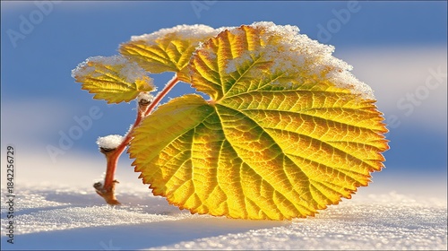 End-of-season hi-res macro: yellow leaf resting on snow with melt traces, perfect for eco-poster, architect seasonal window, short-video cover