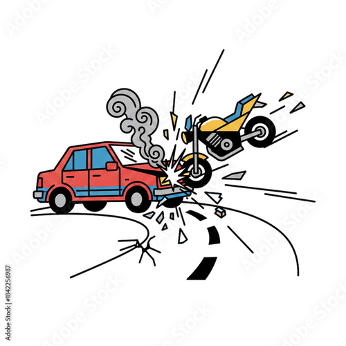 Car and motorbike collide on the highway. Isolated on a white background.