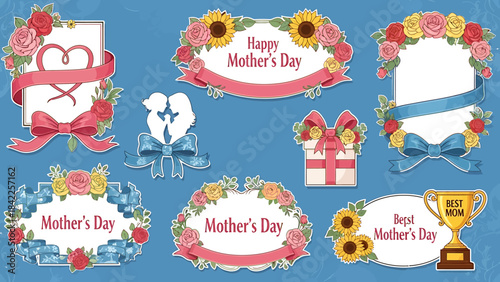 Mother's Day Celebration Elements Collection for Cards and Gifts with Flowers and Ribbons