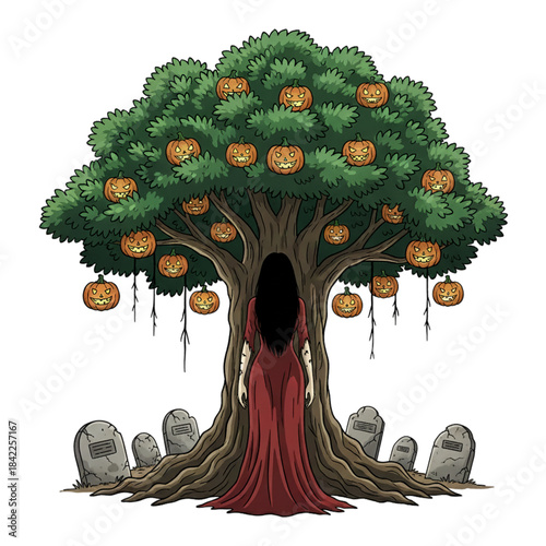 Long-haired female ghost in red dress under a tree bearing Halloween pumpkins. Isolated on a white background.