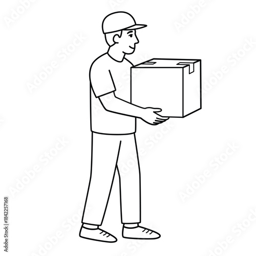 A male courier wearing a cap carries a cardboard box. Delivery of goods. A full-length male delivery man holding a box. Vector illustration isolated on white background