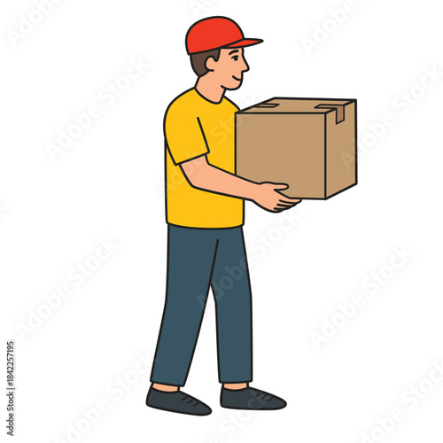 A male courier wearing a red cap carries a cardboard box. Delivery of goods. A full-length male delivery man holding a box. Vector illustration isolated on white background
