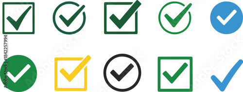 Assortment of green yellow blue and black check mark icons in various shapes tick confirm