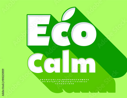 Vector Recreational concept Eco Calm. Bright Font with Big Green Shadow. Artistic 3D Alphabet Letters and Numbers set.