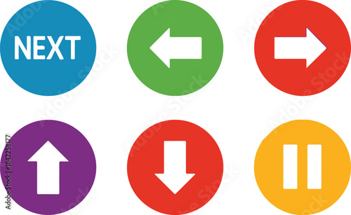 Collection of six circular icons with directional arrows and text on white background next left